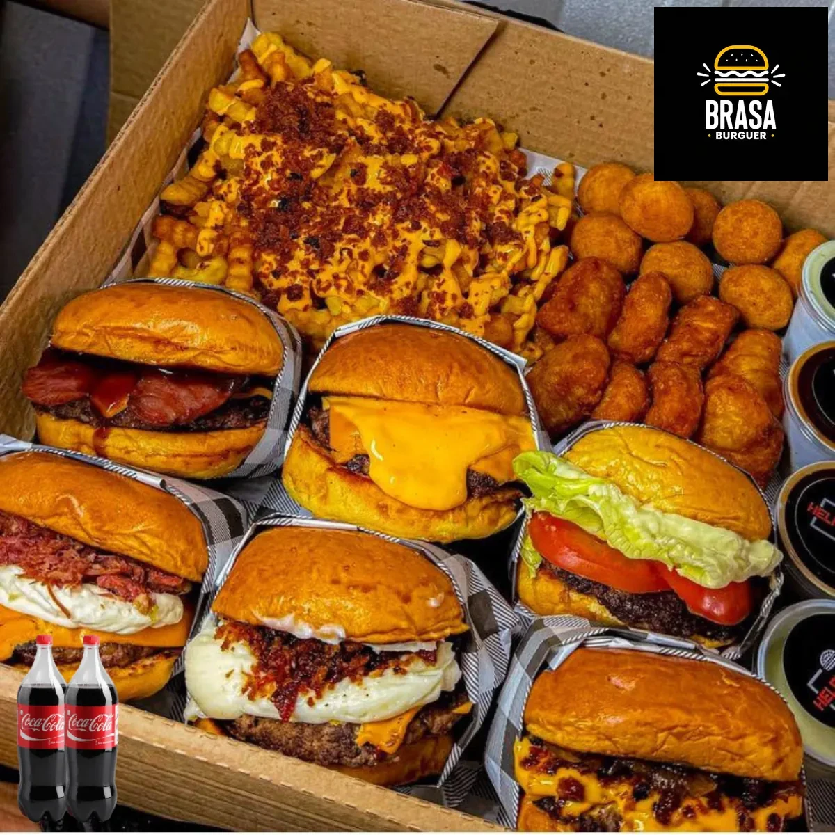 RODÍZIO EM CASA - 6X Hambúrgueres + 500g de Fritas + 500g Nuggets + 2X Coca Cola 2L + 4 Molhos Especiais